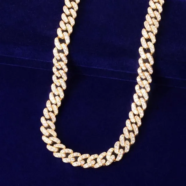 10mm Gold Miami Cuban Link Necklace AAAA Zircon Charm Chain