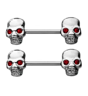 14G Double Skull Nipple Ring Barbell