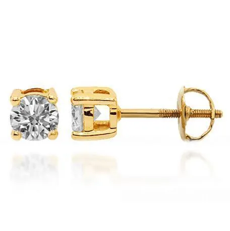 14K Solid Yellow Gold Diamond Solitaire Stud Earrings 0.50 Ctw