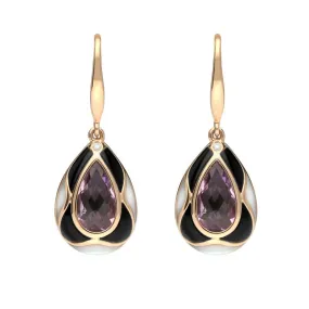 18ct Rose Gold Whitby Jet Diamond Amethyst Mother of Pearl Drop Earrings