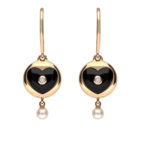 18ct Rose Gold Whitby Jet Diamond Pearl Heart Drop Earrings