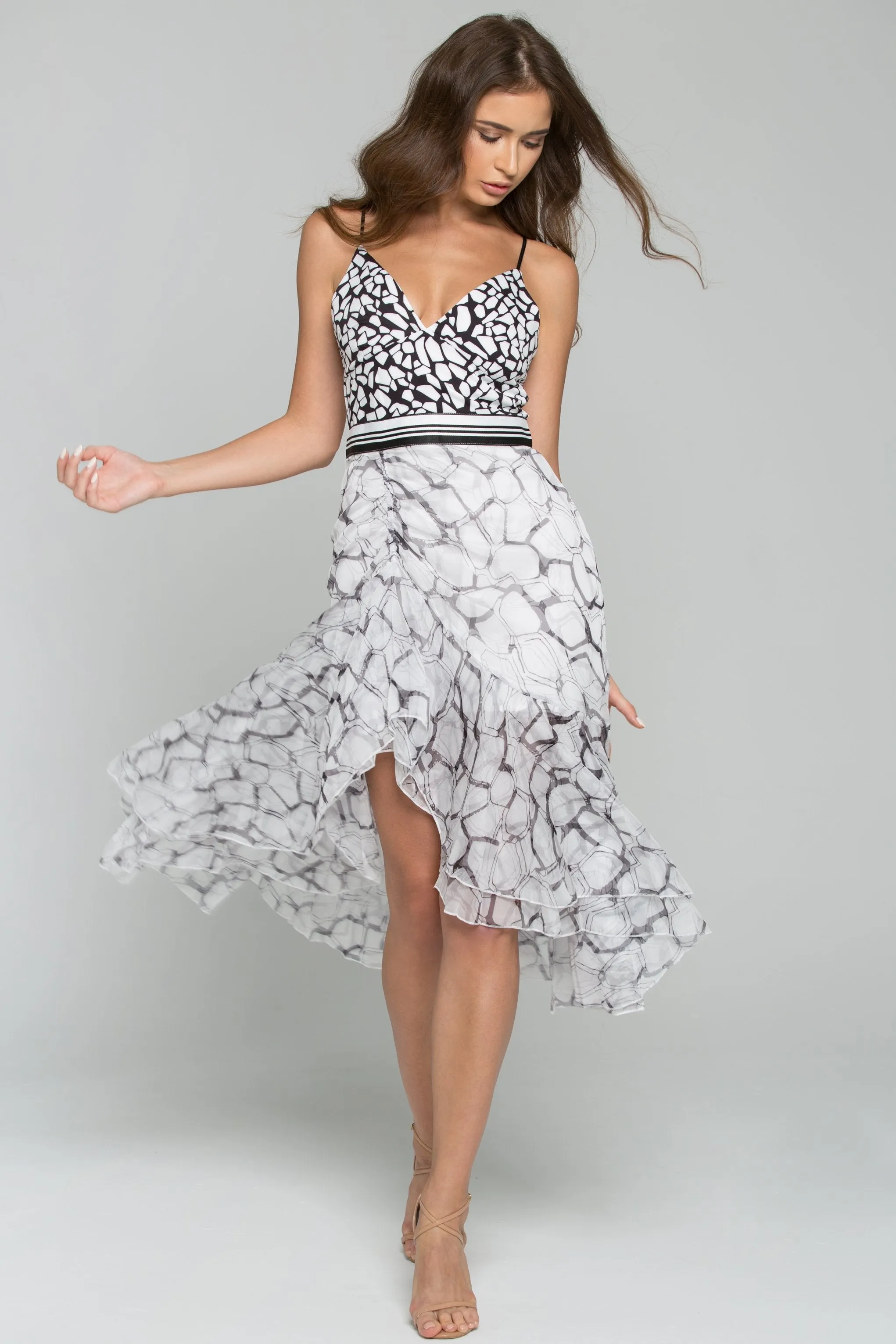 Black and White Chiffon Spaghetti Strap Asymmetrical Ruffled Sundress