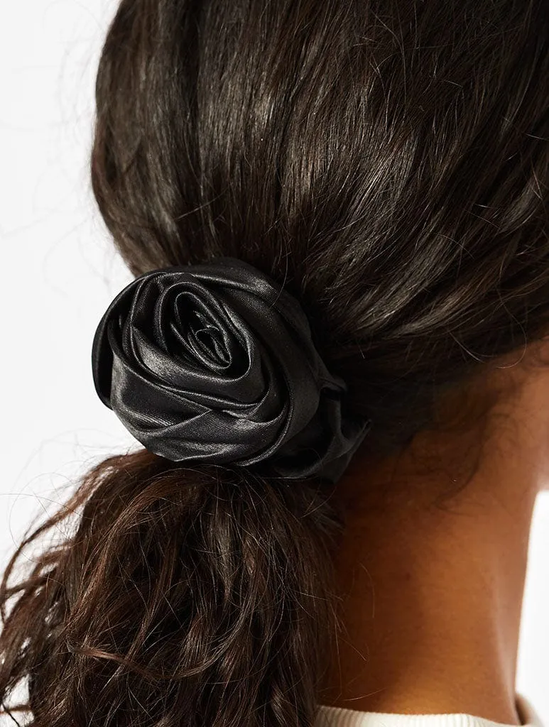 Black Satin Rose Scrunchie