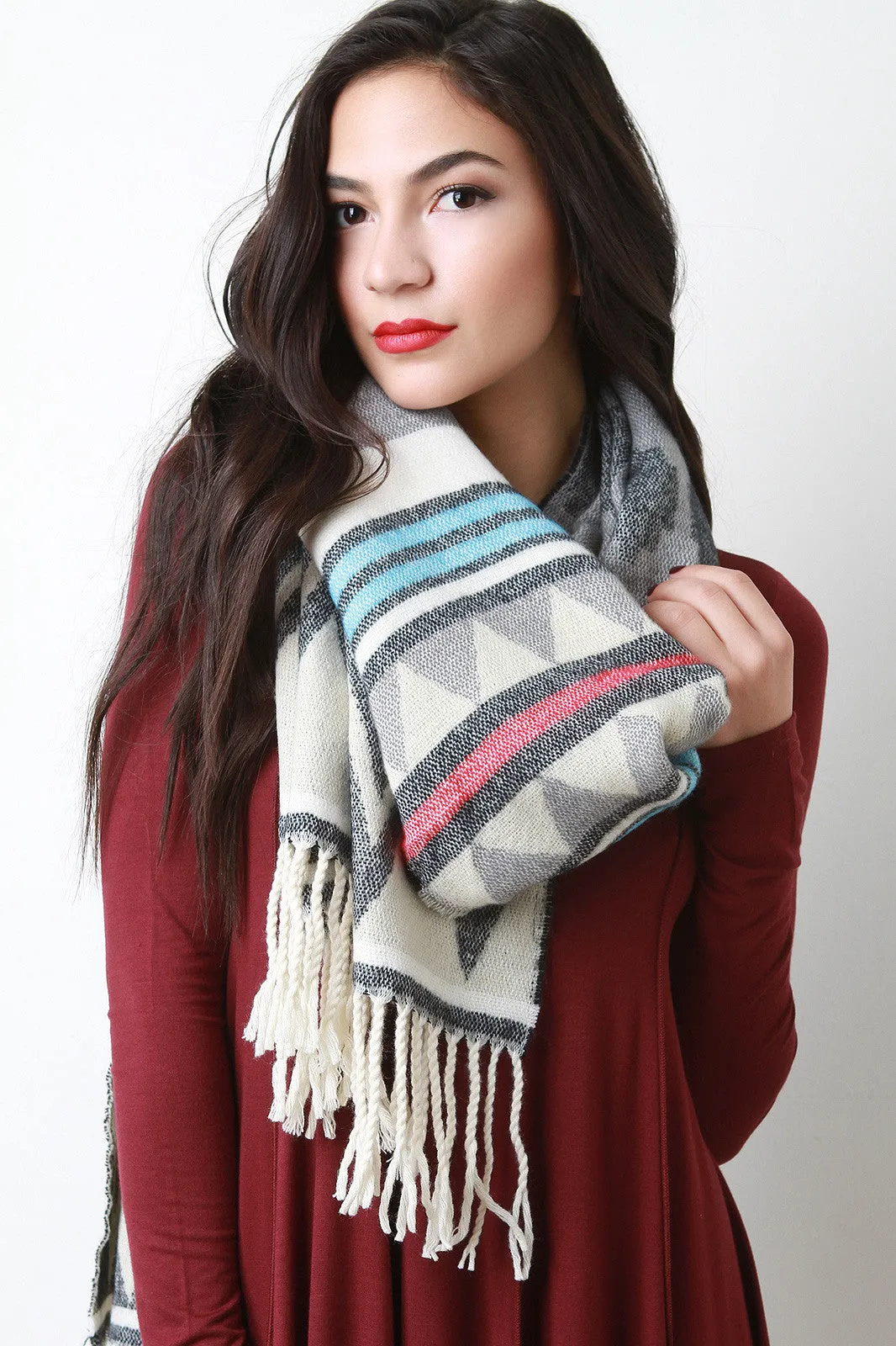 Braided Fringe Tribal Imprint Scarf