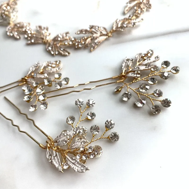 C110. Boho bridal rose gold leaf hair vine, crystal hairpins, hair comb