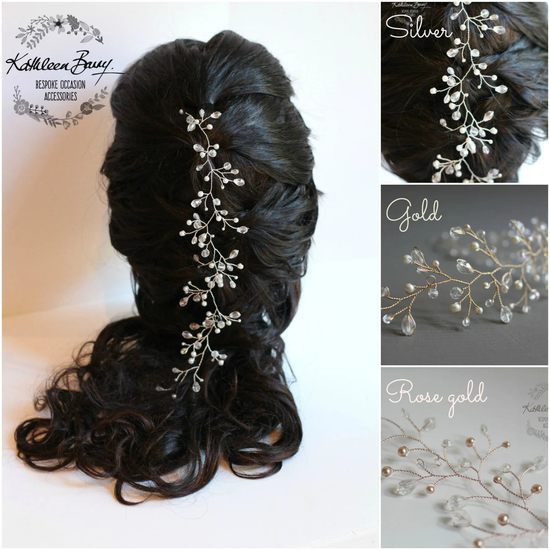 Carly Hair vine - crystal and pearl - available in silver, gold, rose gold plated finish