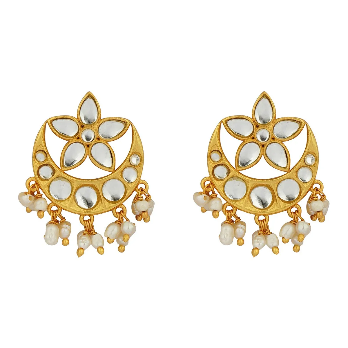 Chaand Phool Stud Earrings with Mirror Polki and Pearls