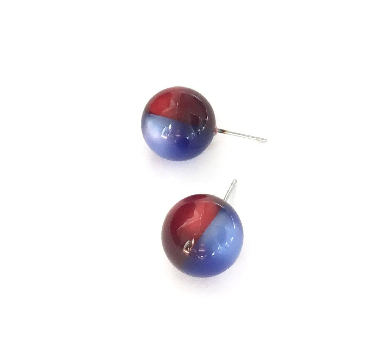 Cobalt Blue and Red Moonglow Harlequin Ball Stud Earrings