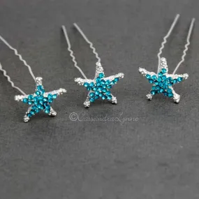 Crystal Starfish Hair Pins Silver and Aqua