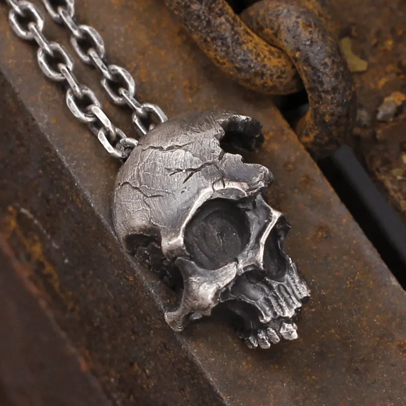 Damaged Half Face Sterling Silver Brass Skull Pendant