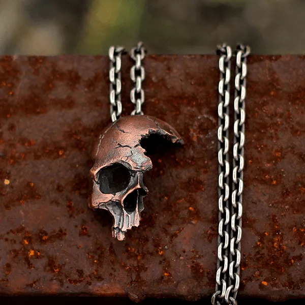 Damaged Half Face Sterling Silver Brass Skull Pendant