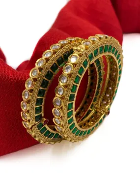 Designer Gold Plated Studded Emerald Stone And Kundan Openable Bangles For Women By Gehna Shop