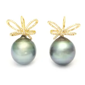 Diamond Bow Earrings with Tahitian Pearl Drop