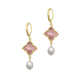 Floral and Pearl Drop Earrings Pink Mother of Pearl gold