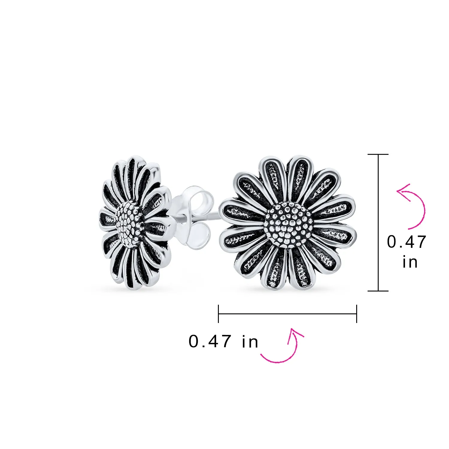 Garden Black Rose Sunflower Stud Earrings Oxidized 925 Sterling Silver