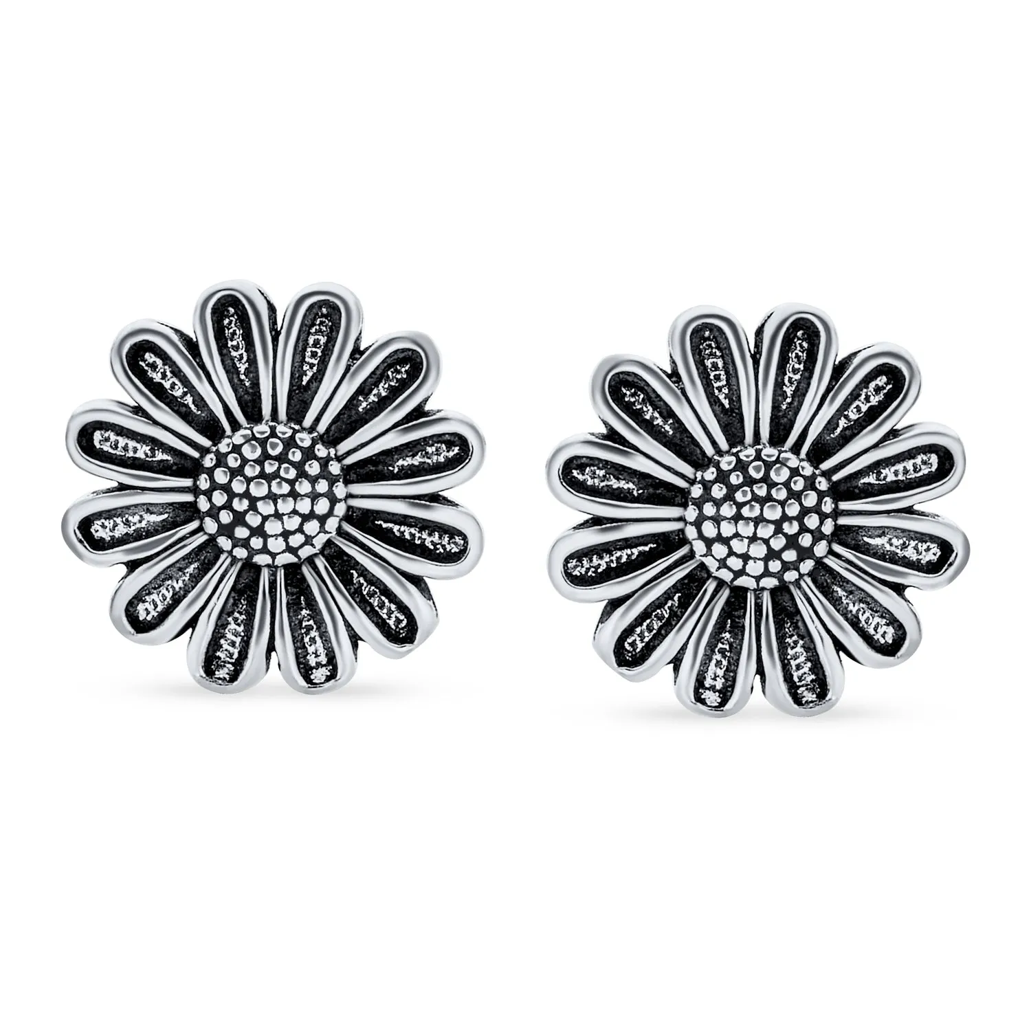 Garden Black Rose Sunflower Stud Earrings Oxidized 925 Sterling Silver