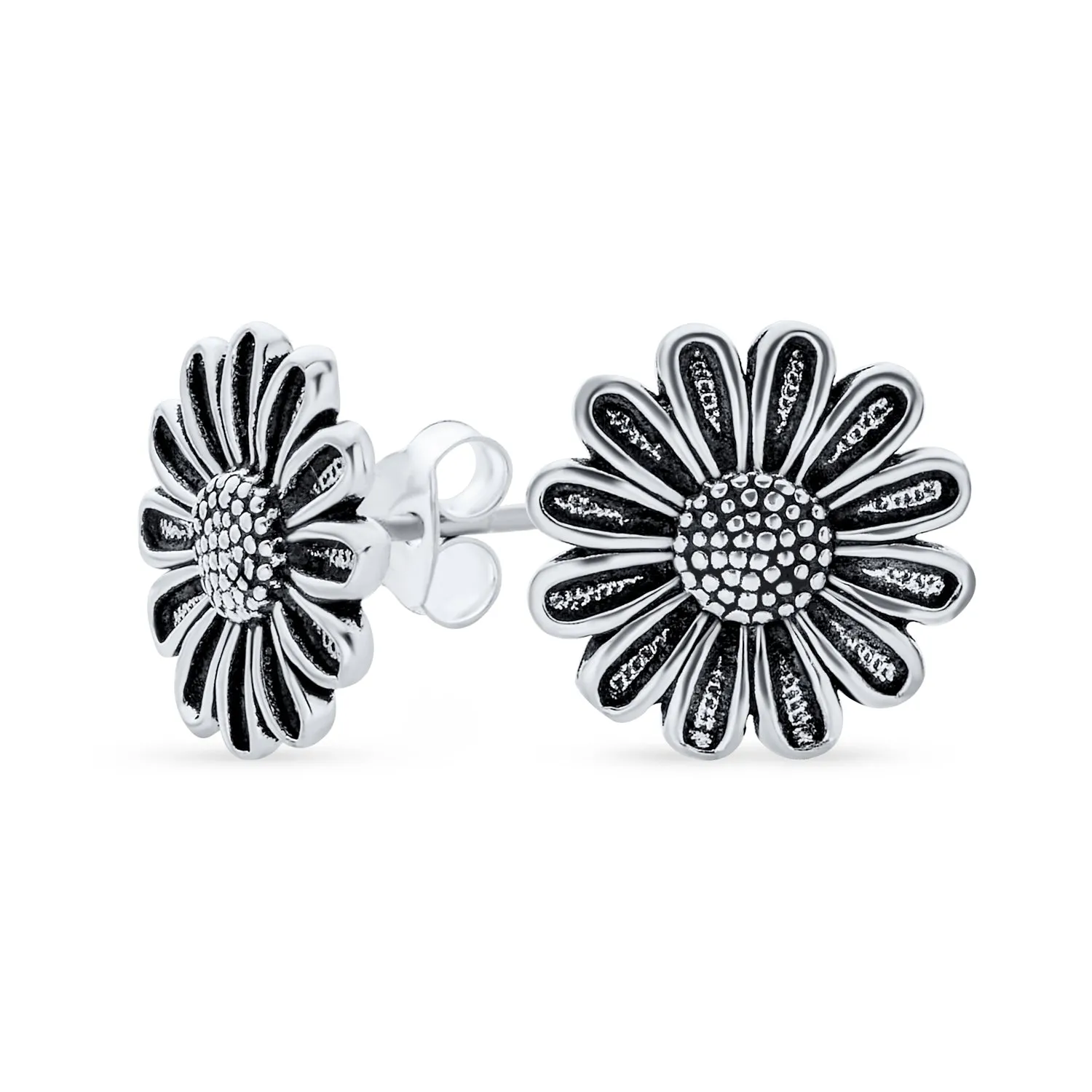 Garden Black Rose Sunflower Stud Earrings Oxidized 925 Sterling Silver