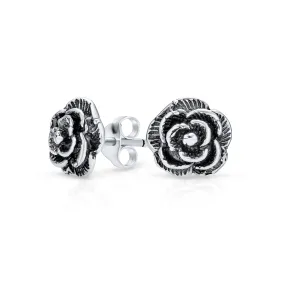 Garden Black Rose Sunflower Stud Earrings Oxidized 925 Sterling Silver