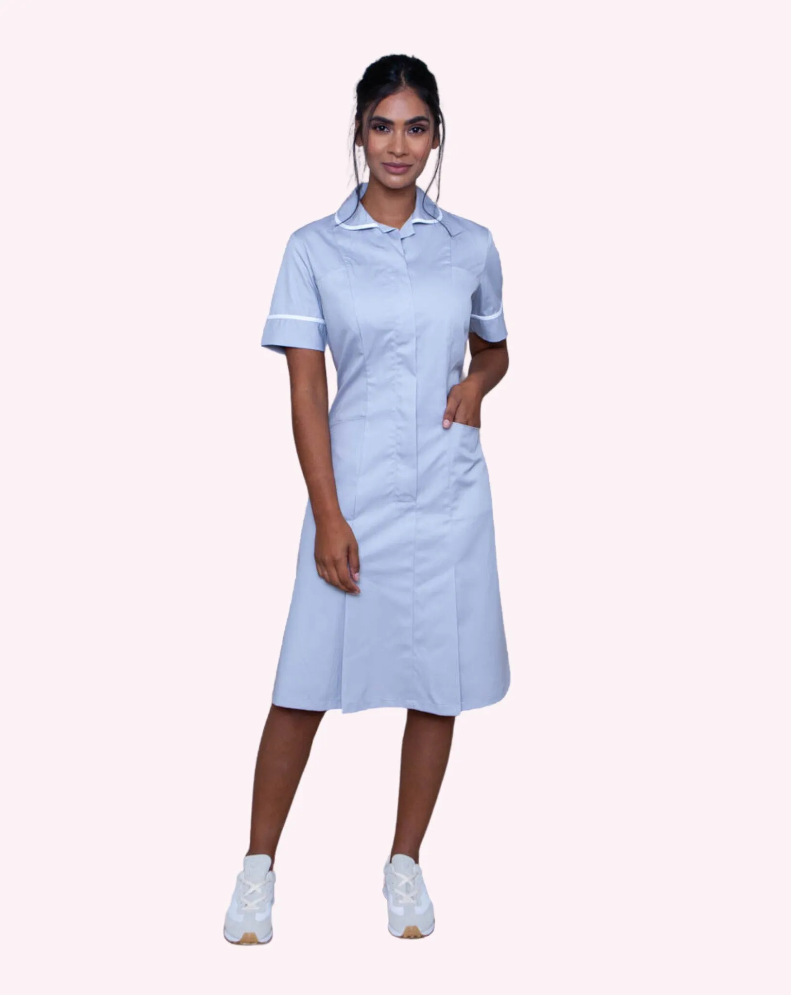 Halton Classic Collar Healthcare Dress - Pale Blue / White