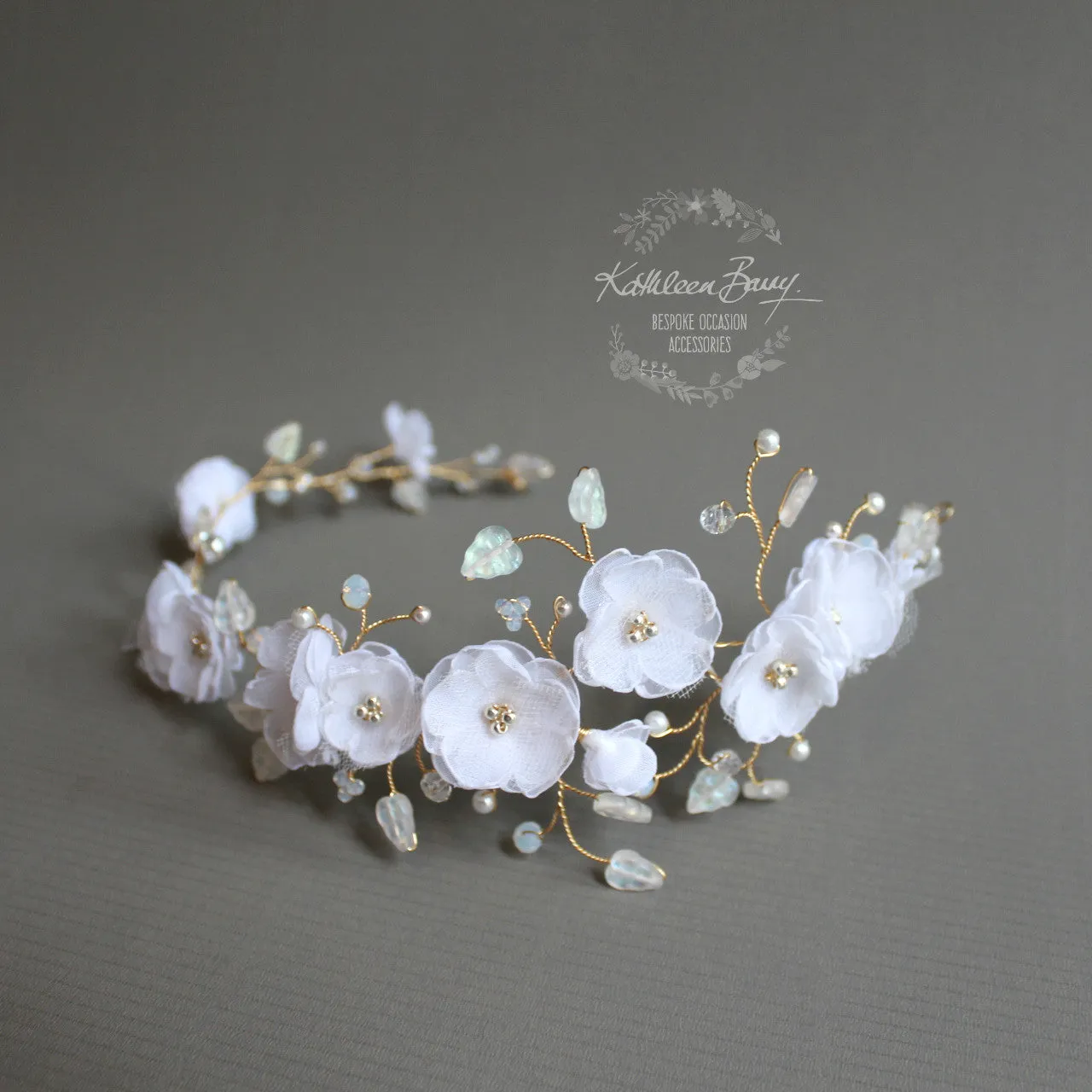 Lilly-Belle Aqua Gold white hair vine, blossom wedding bridal hair accessory wedding bride flower crown wreath - opalescent crystals - blue