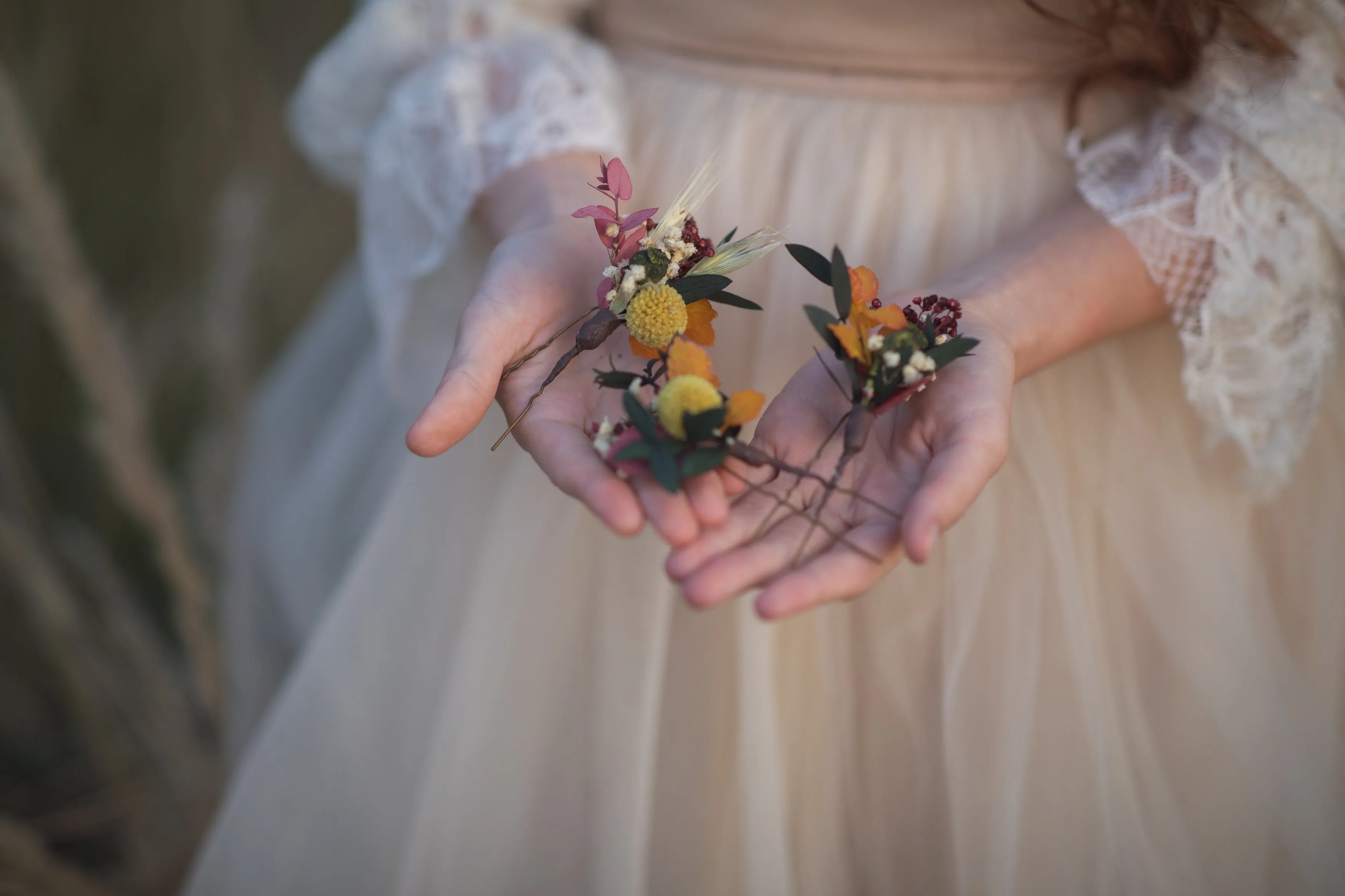 Ochre autumn flower hair pins