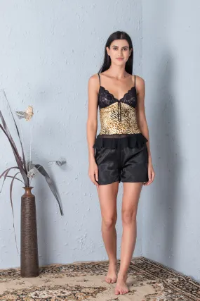 Printed Slip & shorts Night suit Gold Black