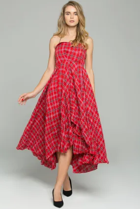 Red Cotton Spaghetti Strap Plaid Print Asymmetrical Midi Dress