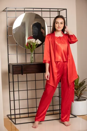 Red satin Night suit with Robe