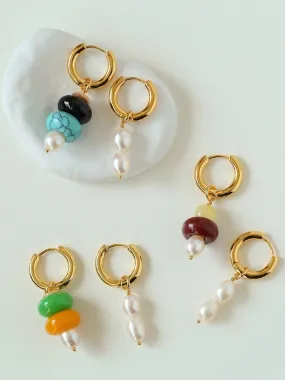 Rustic Chic: Asymmetric Natural Stone and Pearl Earrings